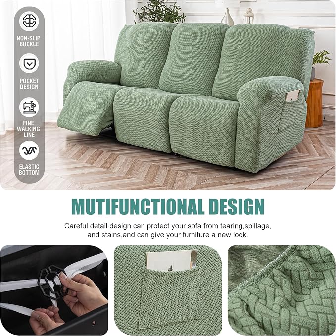 Genina Recliner Sofa Covers - Stretch Reclining Couch Covers with Stripe Jacquard - 3 Seat Cushion Slipcovers with Soft Fabric - Furniture Protector for Pet Kid (Matcha Green)