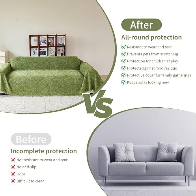 VANJOROY Green Couch Chair Cover, Armchair for 1 Cushion Couch, Washable Chenille Sofa Cover Protector Soft Sofa Slipcovers for Pets Dog with Tassel,71"x 91"