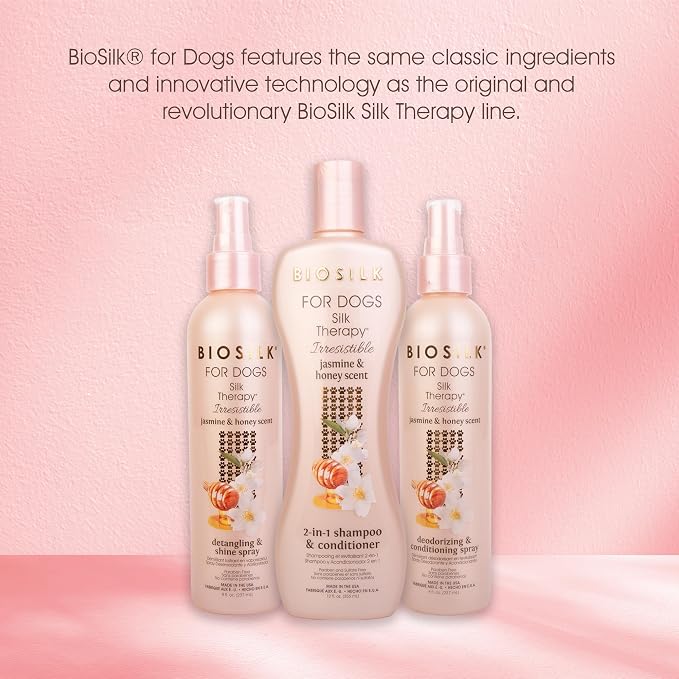 BioSilk for Dogs Silk Therapy Irresistible Detangling and Shine Spray, Jasmine and Honey Scent, Hydrolyzed Silk Proteins, Paraben Free, pH Balanced for Dogs, Safe for Dogs 8 Weeks+, 8 fl oz