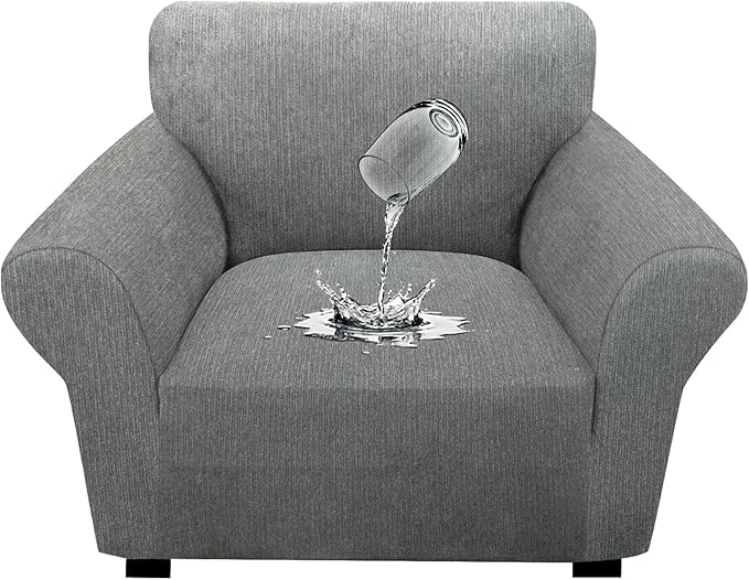 Waterproof Stretch Spandex Chair Sofa Slipcover - Non-Slip Soft Couch Cover with Elastic Bottom, Washable Leakproof Furniture Protector for Kids, Pets, Dogs & Cats (Chair, Light Gray)