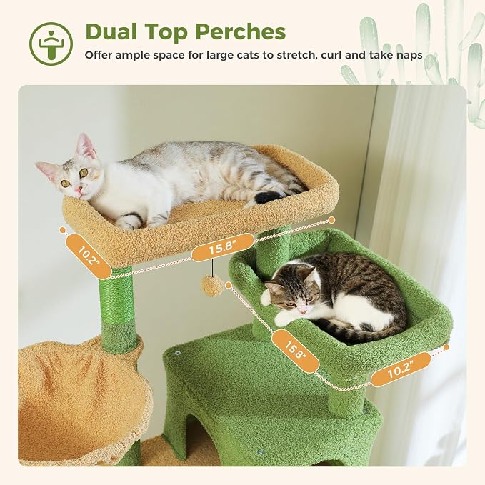 69” Tall Cat Tree for Indoor Cats Large Adult, Multi-Level Cat Tower with Scratching Post, Dual Top Perches, Big Hammock & 2 Spacious Condos, Cat Furniture for Multi-Cat Households, Green