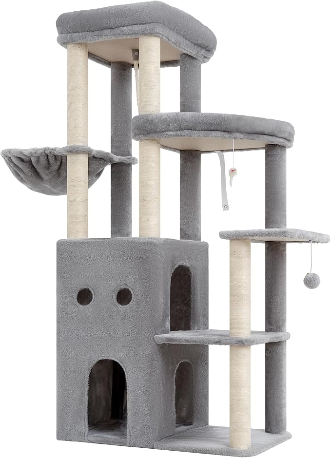 Heybly Cat Tree, 59.4" Secure Anti-Tip Cat Tower for Large Cats, Spacious Cat Furniture with Dual-Tier Cat Condo, 2 Top Perches, Hammock and Sisal Scratching Posts, Light Gray HCT055W