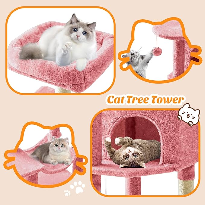 DUMOS Small 44 Inch Cats Tree Tower, Cat Climbing Tower with Natural Sisal Scratching Posts, Hammock, Pet Condo for Indoor Cats and Kittens Play, Pink