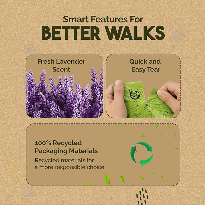 Earth Friendly Dog Poop Bags, 324 Count - Extra Thick, Leak-Proof, Lavender Scented Dog Poop Bags with Odor Blocker - Eco-Friendly, Tear-Resistant, 9x13 Inch Bags for Large & Small Dogs - 18 Rolls