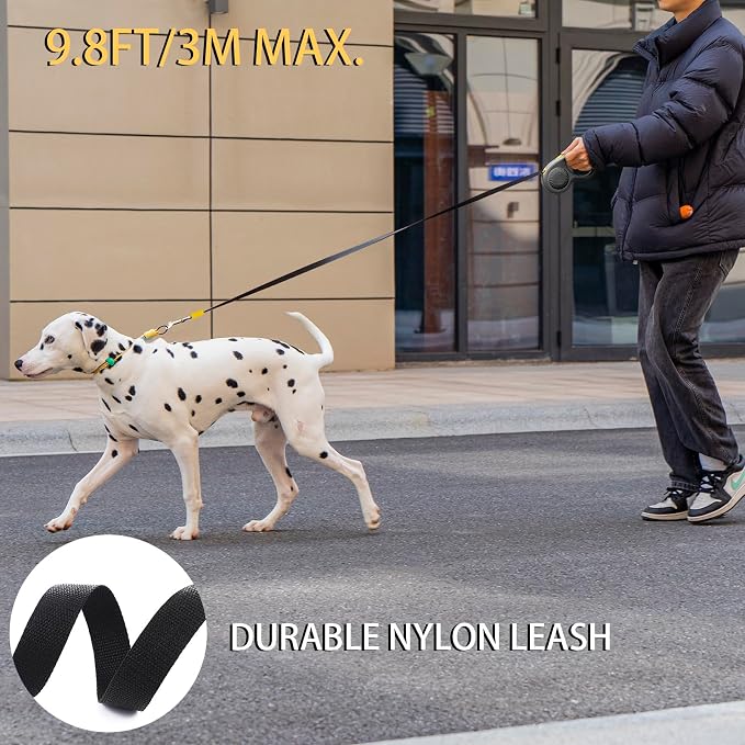 JSXD 360° Tangle-Free Retractable Dog Leash with One-Handed Brake, Pause, Lock, 10 ft Strong Nylon Tape Pet Walking Leash,Suitable for Cats, Small and Medium Dogs up to 66 lbs (Black, 10 ft)