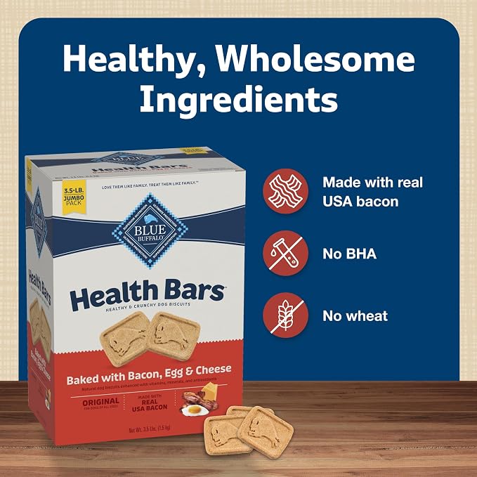 Blue Buffalo Mini Health Bars Crunchy Dog Biscuits, Oven-Baked with Natural Ingredients, Bacon, Egg & Cheese, 2-lb Box (Pack of 3)