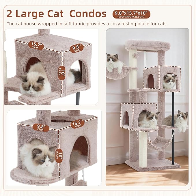 Gitelsnour 51.2'' Cat Tree Tower, Cat Tower with Scratching Post, Sturdy Steel Pube Cat Tree for Inoor Cats Large Adult, Cat Hammock and Basket, Padding Top Platform, Mushroom GCT014MU