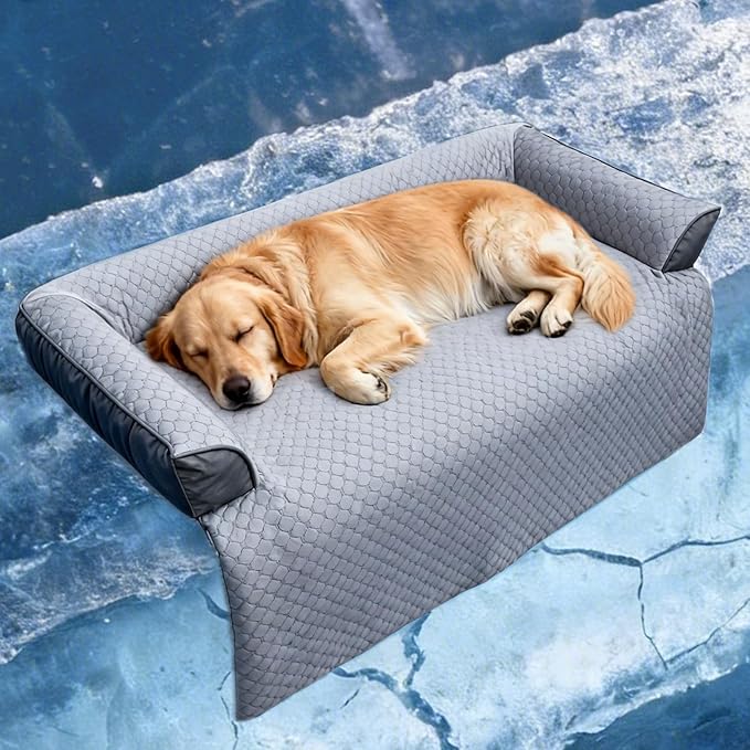 GGIB Cooling Dog Bed Mat with Bolster Pillow Washable Dog Couch Cover Breathable Summer Pet Couch Bed Protector Indoor(Extra Large, Cooling Grey)