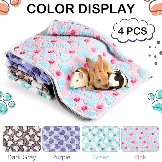 Reginary 4 Pcs Waterproof Guinea Pig Blankets Washable Small Animal Fleece Bedding Absorbent Guinea Pig Cage Liners Reusable Training Pee Pad Pet Sleep Mat for Hamster(Heart Pattern,12 x 12 Inch)