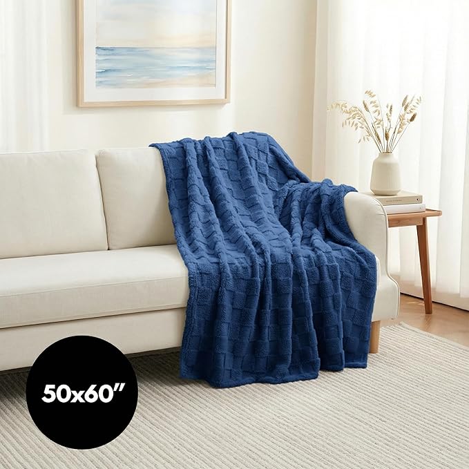 Americanflat 50x60 Jacquard Fleece Throw Blanket - Soft and Breathable Throw Blanket for Couch, Bed, Chair - Fleece Blankets Perfect for Home, Bedroom, or Outdoor Use - Checkered Design in Dark Blue