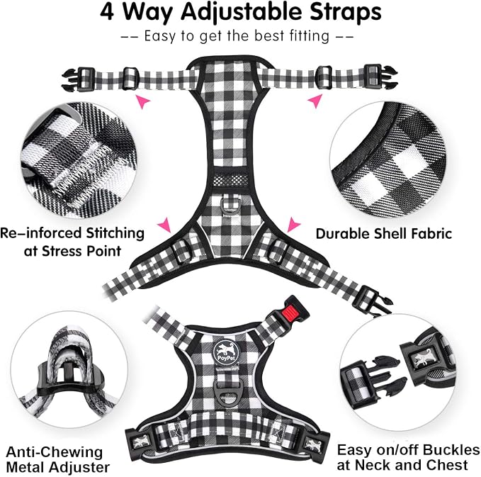PoyPet No Pull Dog Harness, [Neck Release] Reflective Adjustable No Choke Pet Vest with Front & Back 2 Leash Attachments, Soft Control Training Handle for Small Dogs(Grid,S)