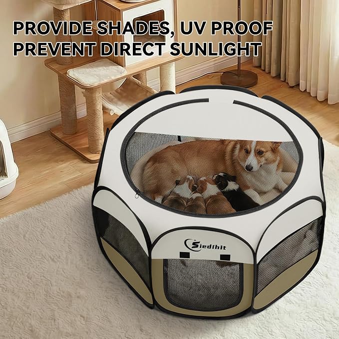 Siedihit Dog Cat Playpen, Medium Puppy Pet Playpen, Dog Crate Tent Cage Indoor/Outdoor, Portable Pop Up Dogs Kennel Playpen with Carrying Case for Dogs/Cats/Rabbits (Khaki,Medium)