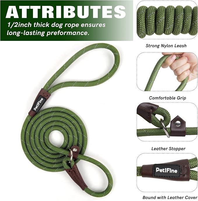 PetiFine Slip Lead Dog Leash,6FT x 3/8" Reflective Durable Dog Training Lead, Heavy Duty Adjustable Nylon Dog Rope Slip Leash for Small Medium Large Dogs (S, Green)
