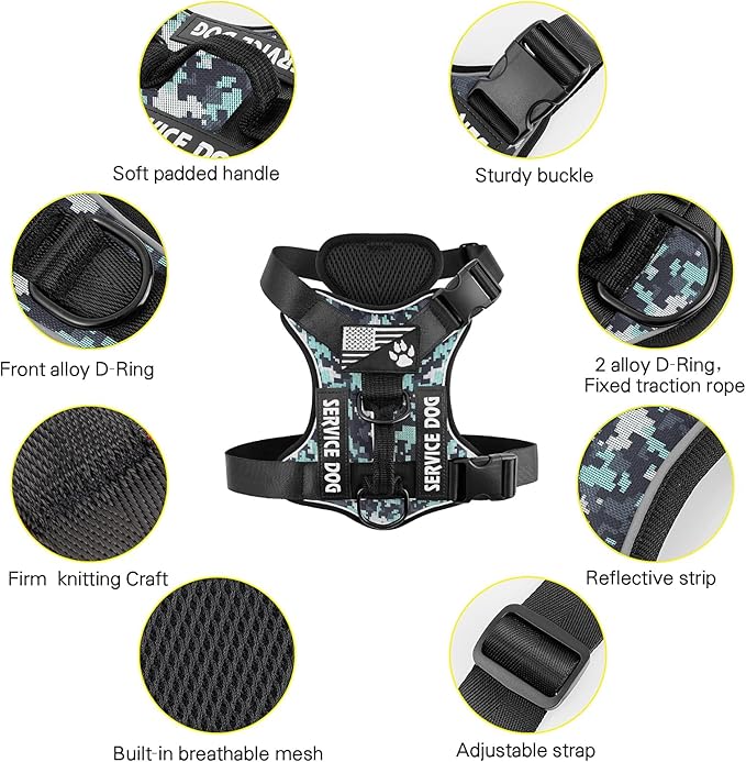 Service Dog Harness, Reflective Dog Vest Harness with 5 PCS Patches, Adjustable Soft Oxford Pet Harness, Inner Layer Mesh, Easy to Control for Dogs