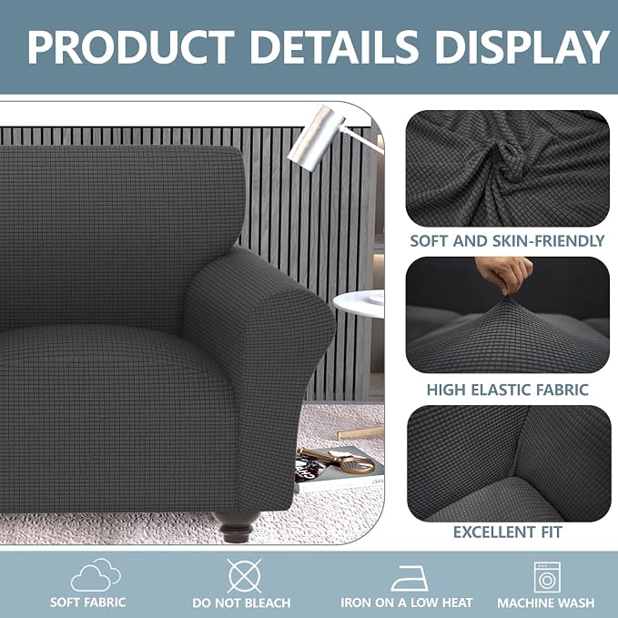 Stretch Couch Covers for 2 Separate Cushion Couch Sofa -Living Room Couch Sofa Cover,Washable Sofa Slipcover,Pet Friendly Furniture Protector with Elastic Bottom,Universal Fit for Home(Gray,Loveseat)