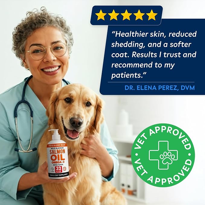 StrellaLab 32 OZ Salmon Oil for Dogs - Omega 3 for Dogs & Cats, Itch & Allergy Relief, Wild Alaskan Salmon Oil for Skin & Coat, Fish Oil Liquid, Shedding Health Support EPA & DHA Fatty Acids