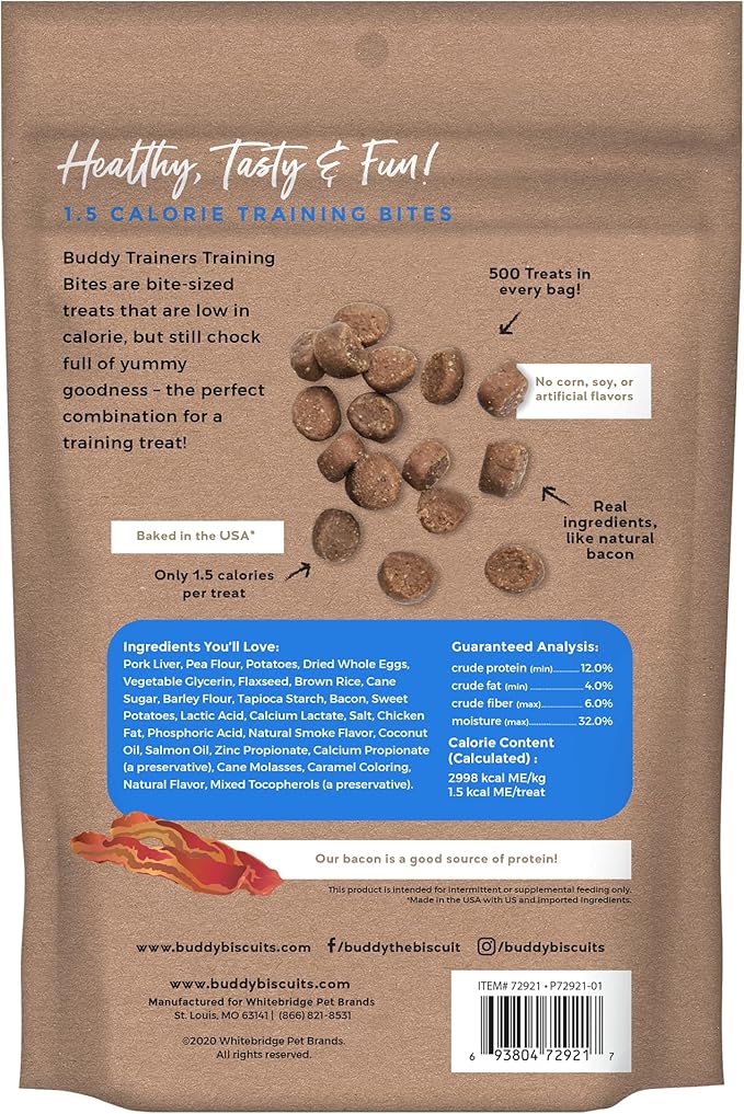 Buddy Biscuits Trainers Training Bites Soft & Chewy Dog Treats, Bacon, 10 oz. Pouch (Pack of 2)