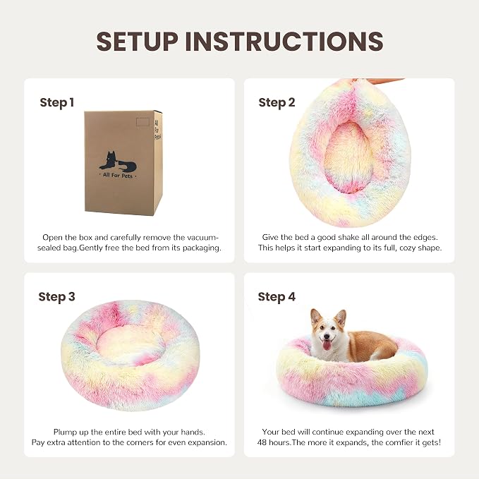 Donut Dog Bed Medium Size Dog, Round Cat Beds for Small Medium Dogs and Cats with Washable Fluffy Faux Fur, Cute Comfort Pet Bed with Anti-Slip Bottom, Rainbow, 30"