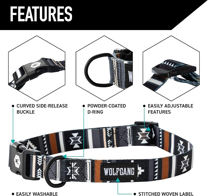 Wolfgang Heavy Duty, Adjustable Dog Collar with Quick Release Nylon Buckle for Walking & Training, NewMoon Print, Medium