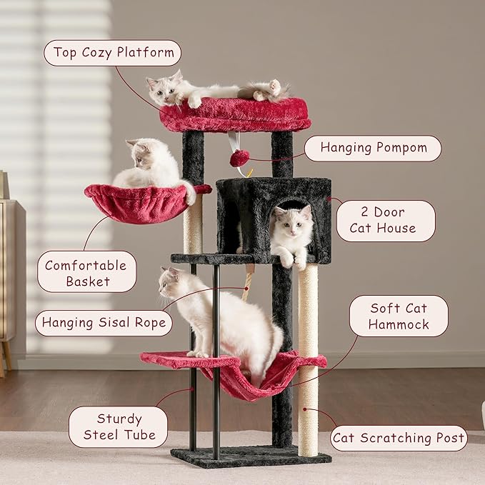 Gitelsnour Cat Tree, Cat Tower for Indoor Cats, 43.3 inch Gothic Cat Tree Tower with Sturdy Steel Tube, Hammock, Cat Condo for Small Cats and Kittens, Scratching Post, Black and red GCT004SBR