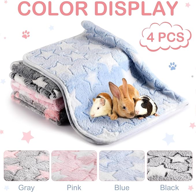 Reginary 4 Pcs Waterproof Guinea Pig Blankets Washable Small Animal Fleece Bedding Absorbent Guinea Pig Cage Liners Reusable Training Pee Pad Pet Sleep Mat for Hamster(Cute Star Pattern,24 x 47 Inch)