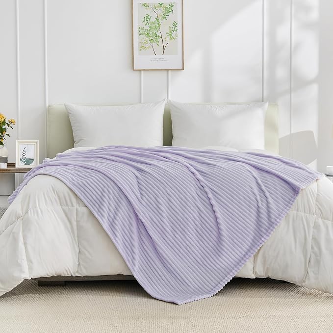 Bnuitland Fleece Throw Blanket for Couch, 300GSM Soft Warm Cozy Fluffy Throw for Adults & Kids, Stripe Pattern, All Season Sofa Bed Blanket for Home Decor, Light Purple 60"x80"