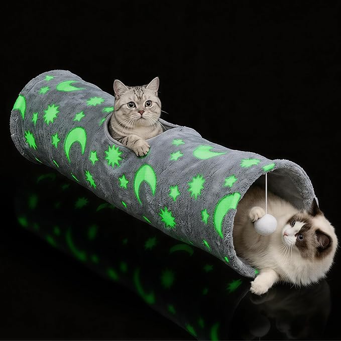 PAWISE Cat Tunnel for Indoor Cats, Glow in Dark Cat Tunnels with Cube Pop-Up, 3-Way Collapsible Cat Play Tunnel Toy for Cats Kittens Rabbits, with Hanging Ball & Bell