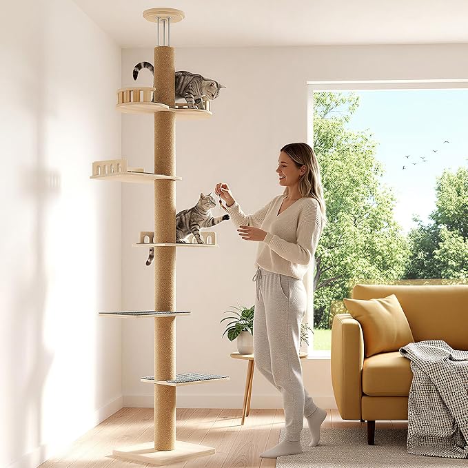 Veehoo Floor to Ceiling Cat Tree, Adjustable Height (5.1-9.4 ft) Tall Climbing Tower with Sisal Scratching Posts, Modern Cat Activity Tree for Indoor Cats