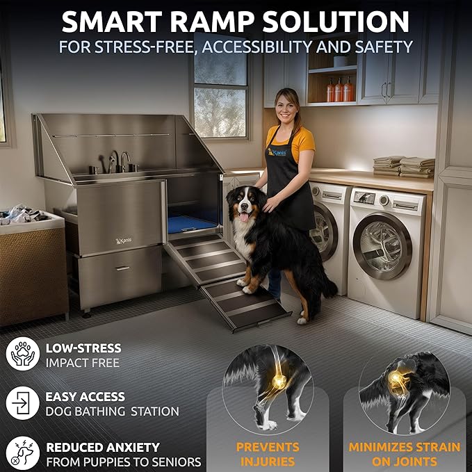 KANIS Professional Dog Washing Station 304 Stainless Steel Pet Wash Sink & Grooming Bathtub w/Shower, Floor Grates and Storage for Large, Medium & Small Pets (Silver, 50 Inches, Right Ramp, 2 Drawers)