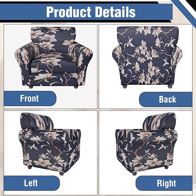 2 Piece Stretch Chair Covers Armchair Couch Covers,Floral Pattern Armchair Sofa Slipcover with Separate Chair Cushion Cover,Washable Furniture Protector for Living Room(Navy Blue)