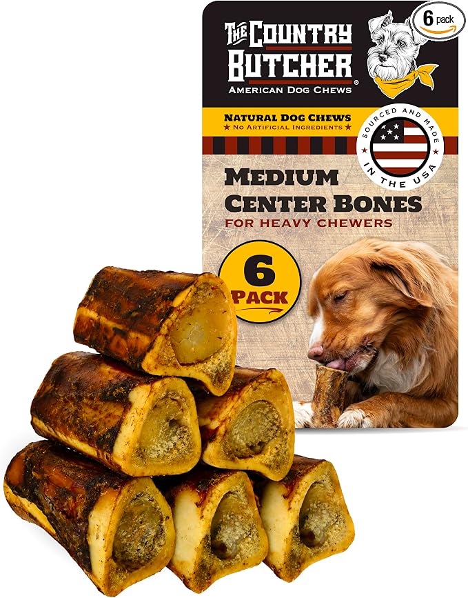 THE COUNTRY BUTCHER 4" Beef Marrow Dog Bones for Aggressive Chewers, Medium Breed Dog Treat, with Collagen, Natural, Tough, Chew Toy, Made in the USA, 6 Count