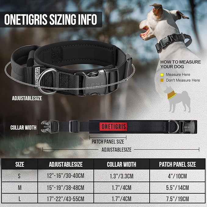 OneTigris Tough Dog Collars, Tactical Dog Collar with Handle, Milltary Adjustable Dog Collar with Heavy Duty Metal Buckle for Training (Large(Pack of 1), Black)