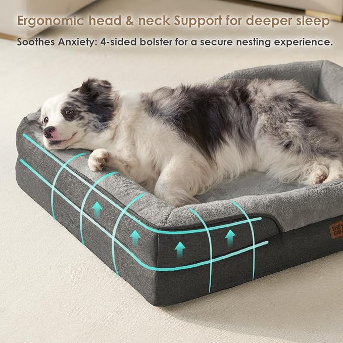EHEYCIGA Orthopedic XL Dog Bed for Large Sized Dog, 48x35 Inch Extra Large Memory Foam Dog Couch Bed with Sides, Waterproof Liner & Washable Removable Cover, Bolster Pet Sofa, Grey