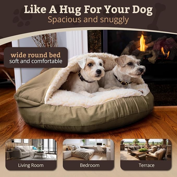 Snoozer Cozy Cave Dog Bed - Indoor Dog Bed with Cover Cave, Covered Calming Burrow for Medium & Large Sized Pets with Blanket Attached, Enclosed, Removable Washable Cover - XL, Khaki