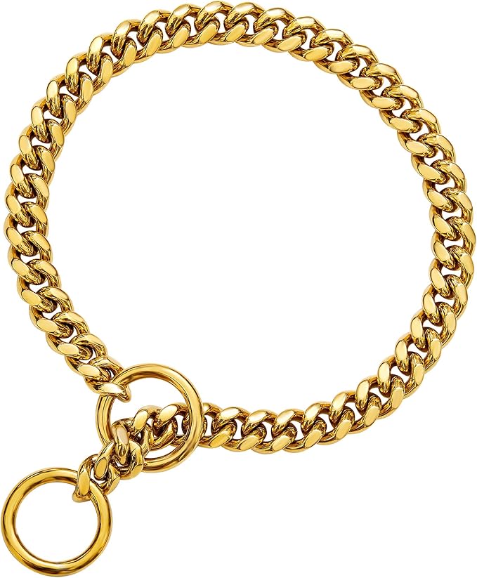 txprodogchains 18K Gold Chain Dog Collar 10MM Cuban Link Chain Stainless Steel Metal Links Walking Training Collar for Small Medium Large Dogs 10in to 24in (10" (Neck Fits 6"-8"), 18K Gold)