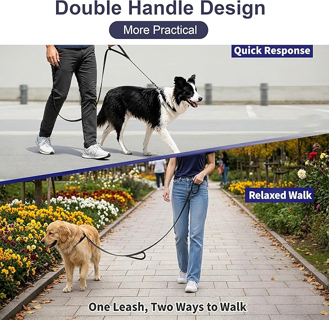 2 Pack Dual Handle Dog Leash, 6ft x 1in Heavy Duty Reflective Nylon Leash with Padded Grip, Traffic Handle, D-Ring, Tangle-Free Dog Lead for Small, Medium & Large Dogs, Safe Night Walks (Black+Black)