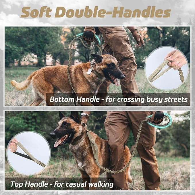 rabbitgoo Tactical Bungee Dog Leash with Shock Absorption, Military Training Leash with 2 Padded Control Handles for Medium Large Dogs, 5.2FT, Brown