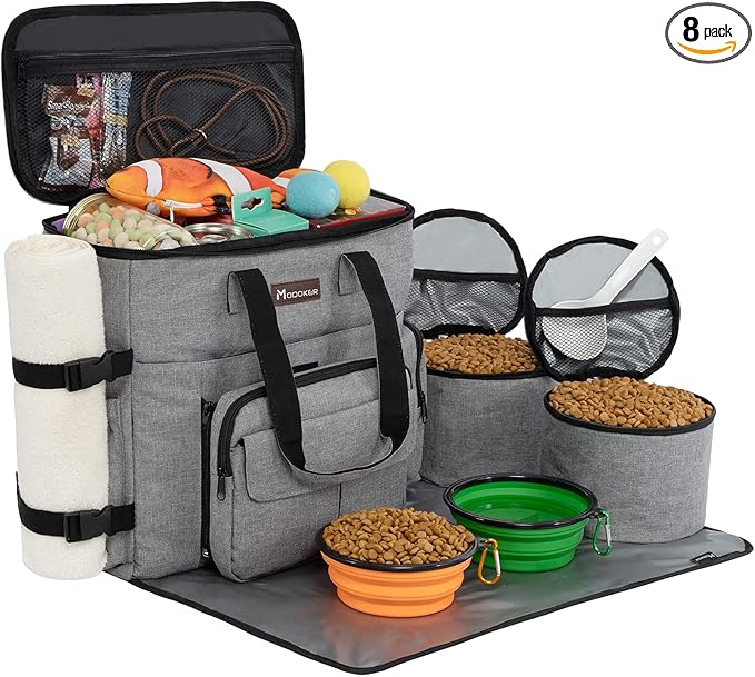 Modoker Dog Travel Organizer with 2 Collapsible Bowls for Supplies & Accessories, Airline Approved Dog Tote Pet Travel Bag with 2 Travel Food Container