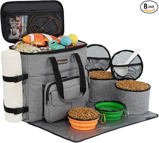 Modoker Dog Travel Organizer with 2 Collapsible Bowls for Supplies & Accessories, Airline Approved Dog Tote Pet Travel Bag with 2 Travel Food Container