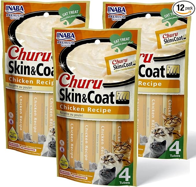 INABA Churu for Skin and Coat Lickable Purée Natural Cat Treats with Omega Oils, Taurine and Green Tea, 0.5 Ounces Each - Chicken Recipe (12 Tubes)