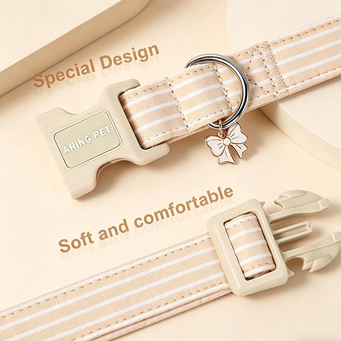 ARING PET Stripe Dog Collar, Cute Spring Summer Khaki Stripe Pet Collars with Bow Charm for Puppy Small Medium Large Boy Girl Dogs, for Daily Outdoor Walking Beach Stroll-M