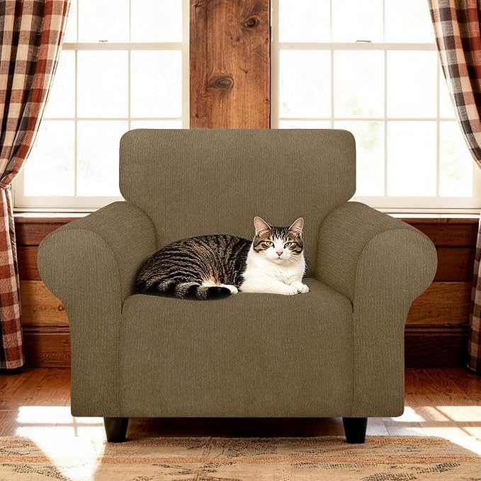 Waterproof Stretch Spandex Chair Sofa Slipcover,Washable Non-Slip Soft Couch Cover with Elastic Bottom, Leakproof Furniture Protector for Kids, Pets, Dogs & Cats (Chair, Brown)