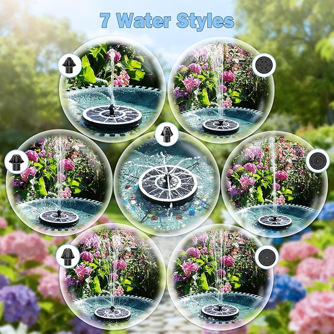 Yzert Solar Fountain Pump with 2000mah Battery 3.5W, 3-Level Adjustable Water Height, Rotating Rods, Works in Shadow, 7 Nozzles, 2026 Glass Outdoor Fountain for Bird Bath, Garden, Pond