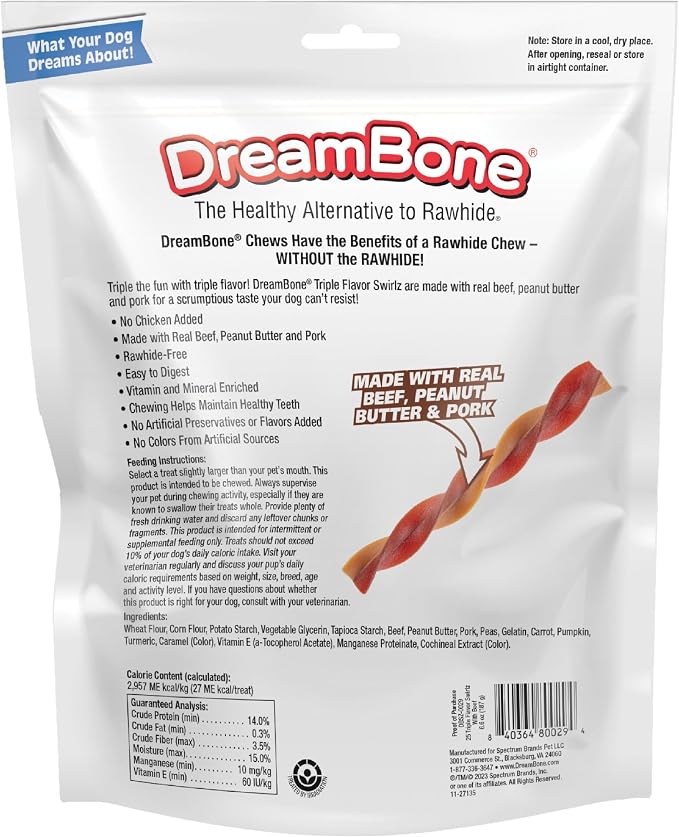DreamBone Triple Flavor Swirlz No Chicken Added Dog Treats, Daily Rawhide-Free Chew, Digests Safely and Completely, with Real Protein, Beef, Peanut Butter, Pork and Veggies, 25 Count