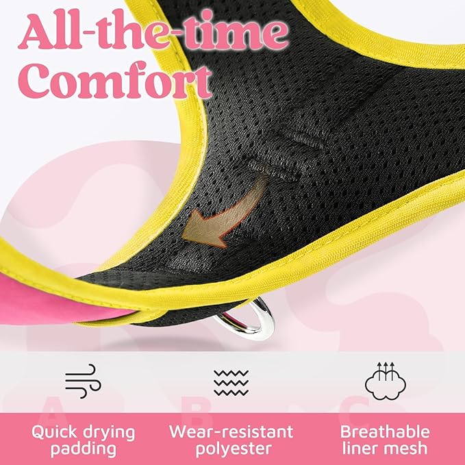 rabbitgoo Dog Harness Small Sized, 3 Buckles Easy On & Off No Pull Pet Vest, Soft Padded Walking Pet Harness with Control Handle, Adjustable and Reflective, Pink & Yellow, S