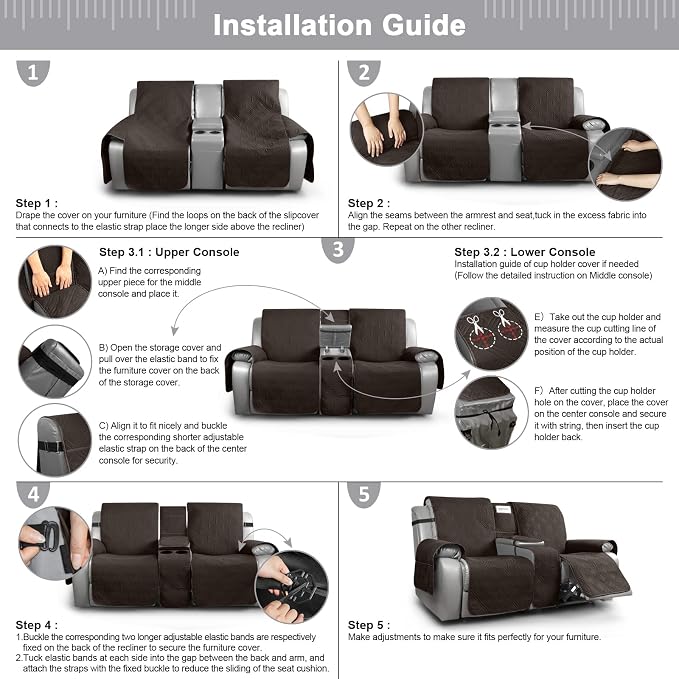 TAOCOCO Loveseat Recliner Cover with Center Console, 100% Waterproof Pet Cover for Dual Recliner with Straps Design, Split Reclining Loveseat Covers Furniture Pet&Kids Protector (2 Seater, Chocolate)