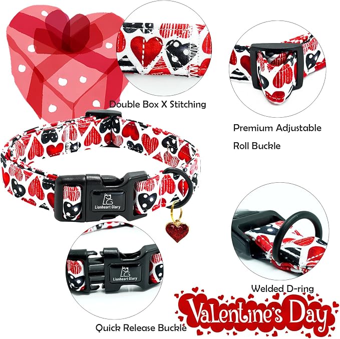 Lionheart glory Valentine's Dog Collar-Red Hearts Cute Spring Dog Collar for Large Dogs Female Male Adjustable Heavy-Duty Dogs Collar Holiday Pet Gift