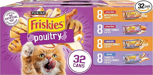 Purina Friskies Gravy Wet Cat Food Variety Pack, Poultry Shreds, Meaty Bits and Prime Filets - (Pack of 32) 5.5 oz. Cans