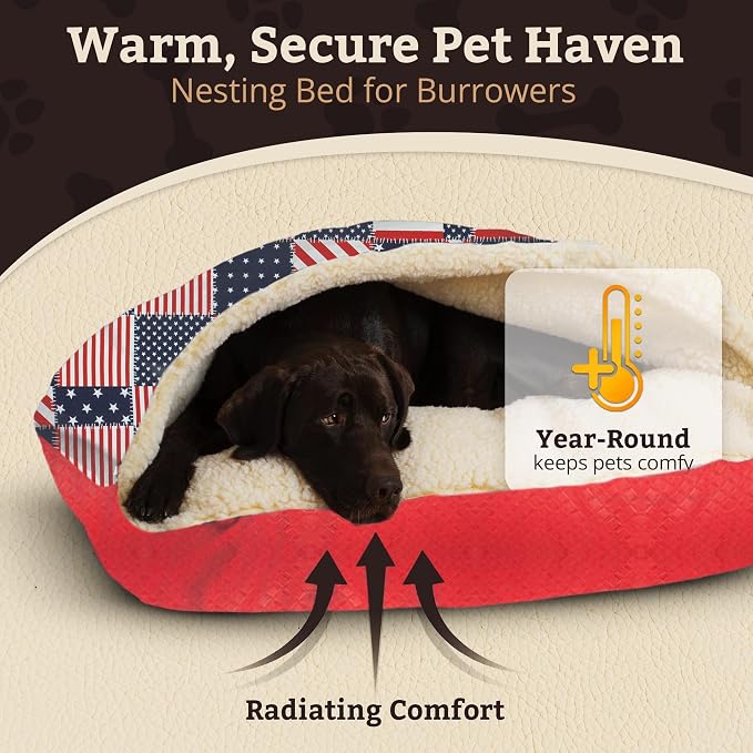Snoozer Rectangle Cozy Cave Dog Bed - Indoor Dog Bed with Cover Cave, Covered Calming Burrow for Large Sized Pets with Blanket Attached, Enclosed, Washable Cover - XL, Starpatch Red Diamond