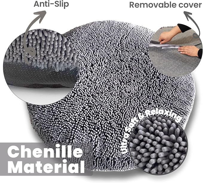 Muddy Mat®Cloud K-9 Bed for Dogs & Cats, Soft & Relaxing Round Dog Bed, Chenille Material, Removable Cover, Washable & Dryer Safe–Grey Medium(35'x35')